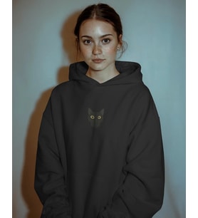 Bombay Kedili Hoodie Unisex %100 Pamuk  Siyah Kapüşonlu Sweatshirt Göğüs Ortası Minimal Logo