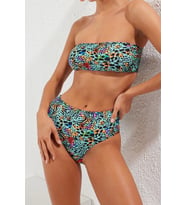 Moda Leopar Atma Kap Straplez Yüksek Bel Hipster Yeşil Straplez Yüksek Bel Hipster Bikini Takımı