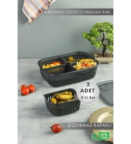 2 Adet 4 Bölmeli Süzgeçli Sızdırmaz Saklama Kabı- Zeytinlik Turşuluk Organizer 3,2 Litre