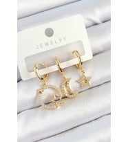 Pirinç Zirkon Taşlı Yıldız Ve Ay Model Gold Renk 3'lü Kadın Küpe Set 5886