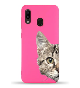 Samsung Galaxy A20e Uyumlu Lansman Kılıf Catface Tasarımlı İçi Kadife Kapak-Neon Pembe (Şeffaf)