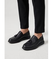 BEREN Erkek Siyah Hakiki Deri Püsküllü Ortopedik Taban Tassel Loafer Ayakkabı