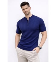 Erkek Kısa Kol Fitilli Triko T-Shirt Yazlık Hakim Yaka Tişört - Lacivert