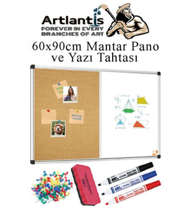 Çift Fonksiyonlu Yazı Tahtası ve Mantar Pano 60x90 cm 1 Adet Alüminyum Çerçeveli Yazı Tahta Kalemi ve Silgisi Harita Çivisi (Beyaz)