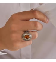 Gümüş Oval Gerçek Kehribar Taşlı Kalemli Erkek Yüzüğü