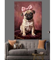 Pembe Fiyonklu Sevimli Pug Köpek Dekoratif Kanvas - Mdf Ahşap Tablo