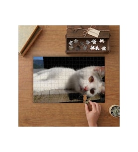 Yatan Beyaz Sevimli Kedi Tasarımı 240 parça Ahşap Puzzle Ahşap Kutuda MP04988