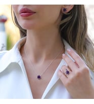 Ametist Taşlı Lotus Çiçekli Gümüş Set