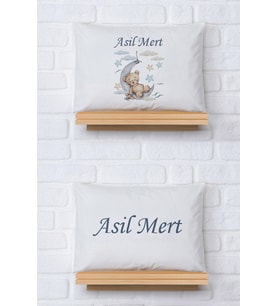 Pia Baby Premium %100 Pamuk İkili İsim Yazılı Erkek Bebek Yastık Kılıfı – 35x45 cm Organik Baskı 5018-13 (Ekru)