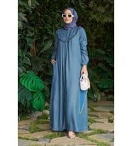 6619-Denim Fırfırlı Ferace Koyu Mavi