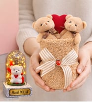 Kahve Premium Peluş Ayıcık Buketi ve Size Özel Işıklı Beyaz Ayıcıklı Fanus
