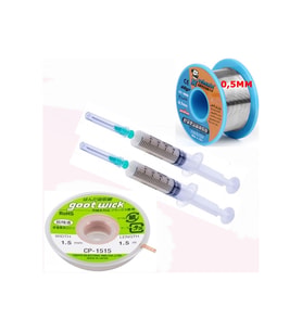 Dörtlü Set Flux,lehim Emme Tel 1,5mm Ve Lehim Teli Soldering 63sn/37pb Flux %1-3 40gr 0,5mm