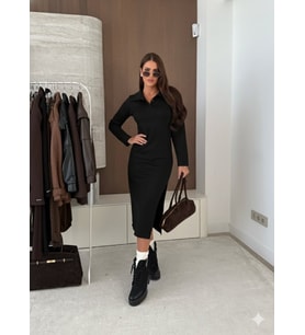Kadın Uzun Kollu Yakalı Yandan Yırtmaçlı Midi Modal Elbise (Siyah)