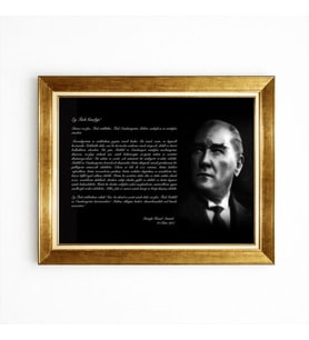 Tablore Atatürk ve Gençliğe Hitabe Siyah Zemin Duvar Tablosu Gold Çerçeveli Büyük Boy
