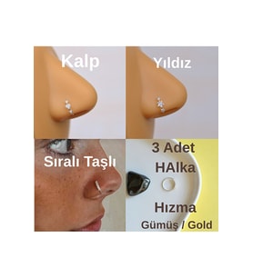 3 Adet 925 Ayar Gümüş HAlka Burun Hızma Seti – Mini Kalpli, Mini Yıldızlı, Sıralı Taşlı, 3’lü Set (Gold)