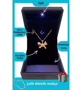 Doğum Gününe Özel Işıklı Premium Kutuda Gold Renk Taşlı Fiyonk Çelik Kolye