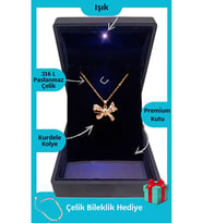 Doğum Gününe Özel Işıklı Premium Kutuda Gold Renk Taşlı Fiyonk Çelik Kolye