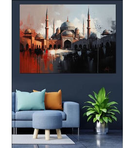 Gece Vakti Işıklı Camii Görseli Dekoratif Kanvas - Mdf Ahşap Tablo