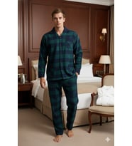 Yeni Sezon Kalın Lüx Tasarım Apaj Yaka Erkek Pijama Takımı (Yeşil)