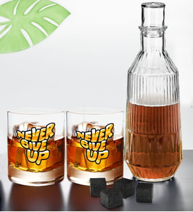 BK Gift DTF Motto Tasarımlı İkili Viski Kadehi, Viski Taşı ve Karaf Seti-4, Arkadaşa Hediye, Sevgiliye Hediye