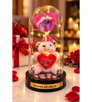 Sevgiliye Hediye Seni Sevmek Nefes Almak Gibi Peluş Ayıcıklı Led Işıklı Fanus ve Gül Buketi 20 CM