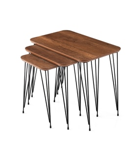 Ahşap Mdf 3 lü Zigon Sehpa Metal Ayaklı Dikdörtgen Barok Ceviz