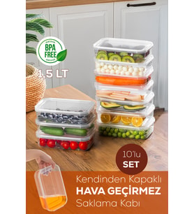 Porsima 4363-10 Kendinden Kapaklı Derin Dondurucuya Uygun 10 Adet Saklama Kabı Hava Almaz Düzenleyici 1,5lt