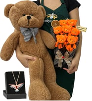Kişiye Özel Hediye Seti - Renkli Anka Kuşu Kolyeli, 7'li Ayıcık Buketli ve Kahve Peluş Ayıcıklı Set (Model 1)