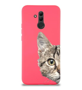 Huawei Mate 20 Lite Uyumlu Lansman Kılıf Catface Tasarımlı İçi Kadife Neon Pembe Kapak (Şeffaf)