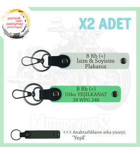 Motorcu Arkadaşlara, İsim Plaka ve B RH+ Kan Grubu Yazılı Acil Durum Anahtarlığı, Beyaz-F Yeşil-Ysl