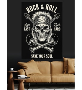 Rock Müzik Sloganlı Kafatası Dekoratif Kanvas - Mdf Ahşap Tablo