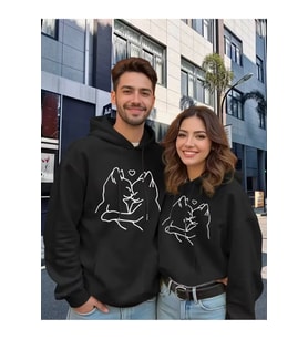 Sevgili Kombini Oversize Hoodie – Aşk Kedi Baskılı 3 İplik Unisex Sweatshirt 2'li Set (Siyah)