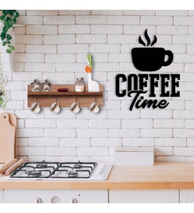 BK Home Doğal Ahşap Raflı Dekoratif Fincan Askılığı ve Kahve Zamanı Duvar Süsü-1 (Beyaz)