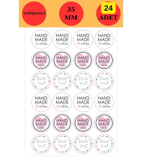 24 Adet - Handmade & Thank You Sticker - Handmade Sticker - Paketleme Sticker - Teşekkür Sticker (Pembe)