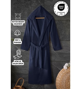Premium%100 Pamuk Kapşonlu Bornoz Yüksek Su Emiciliği Ve Lüks Konfor Hızlı Kuruma Lacivert-3XL