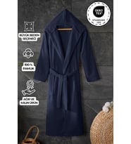 Premium%100 Pamuk Kapşonlu Bornoz Yüksek Su Emiciliği Ve Lüks Konfor Hızlı Kuruma Lacivert-3XL