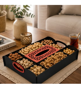 45x33 cm Ahşap Kuruyemiş Sunum Tepsisi ve Peçetelik – Lazer Kesim MDF Servis Tepsisi 3MM