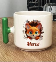 Kişiye Özel 3D Efetkli Tatlı Tilki Hediye T Kupa Bardak İsimli İsim Yazılı (Yeşil)