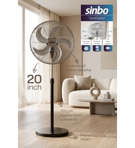Sinbo SF-6792 Ayaklı Vantilatör 20 İnç 130W Endüstriyel Fan 3 Kademeli Sessiz Güçlü 360 Ayarlanabili