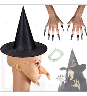 Halloween Cadı Burnu, Şapka, Tırnak, Çene ve Diş Seti (STD)