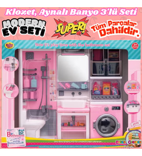 Ayna, Tuvalet ve Çamaşır Makinesi Banyo Seti - Modern Banyo Seti - Banyo Oyuncak Seti - Klozet, Tuva
