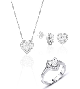 Kadın Kalpli Gümüş Üçlü Set Zirkon Taşlı Pırlanta Modeli Kalp 925 Ayar ST071 (Beyaz)