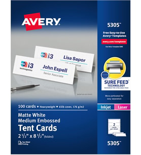 Avery Yazdırılabilir Çadır Kartları, 6,4 X 21,6 Cm, Kabartmalı Kenarlı Beyaz, 100 Adet (05305)
