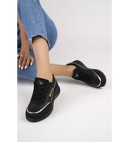 Muggo Happy Garantili Kadın Ortopedik Günlük Bağcıklı Şık Rahat Sneaker Spor Ayakkabı (Siyah-Altın)