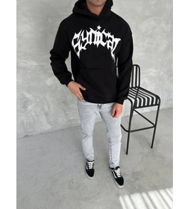 Unisex Üç İplik Kapşonlu Baskılı SweatShirt - Siyah