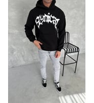 Unisex Üç İplik Kapşonlu Baskılı SweatShirt - Siyah