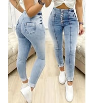 Kadın Yüksek Bel önden Düğmeli Jean Pantolon (Mavi)