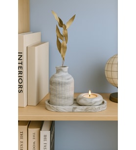 Seramik Vazo, Tealight Mumluk ve Dekoratif Tepsi Seti - Beyaz Minimal Tasarım (Siyah - Beyaz)