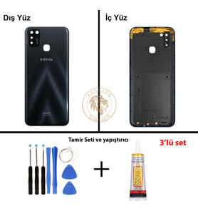 Infinix Smart 5 Siyah Uyumlu Arka Kapak + Yapıştırıcı ve Vida Seti Arka Cam Batarya Pil Kapağı