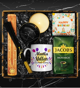 Doğum Gününe Özel Tütsü & Tütsülük & 250 Gram Jacobs Filtre Kahve & Siyah Mum & Özel Tasarım Kupa & Doğum Günü Kartı Hediye Seti